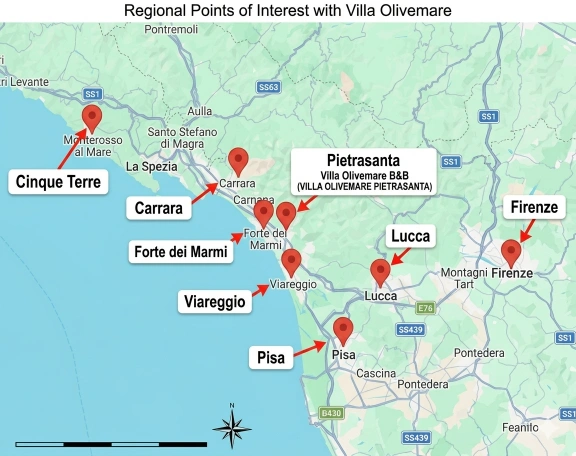 Map showing Villa Olivemare B&B in Pietrasanta and nearby cities like Firenze, Lucca, and Forte dei Marmi.